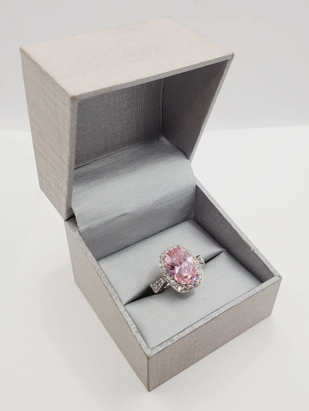 Pink Oval Halo Cocktail Ring in Silver Tone